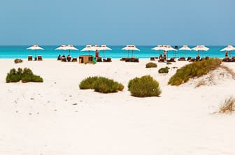 Abu Dhabi (Sunbeds and umbrellas at the Beach of luxury hotel) UAE DT 37121636