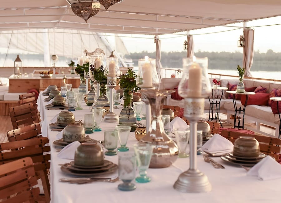 Karnak Lazuli Dahabiya - Private Charter Nile Cruise in Egypt (Dining on the deck of the Karnak)